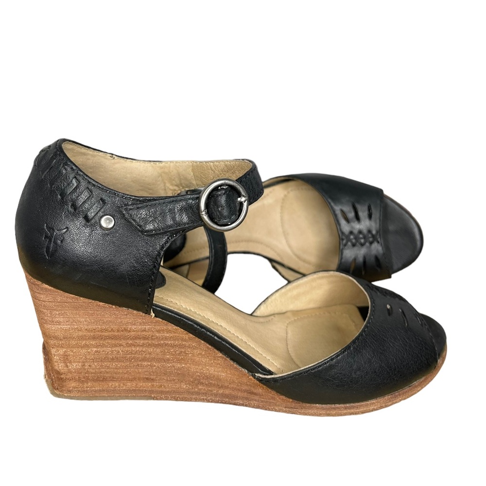 Frye Ankle Strap Black Leather Wedge Sandals US 6